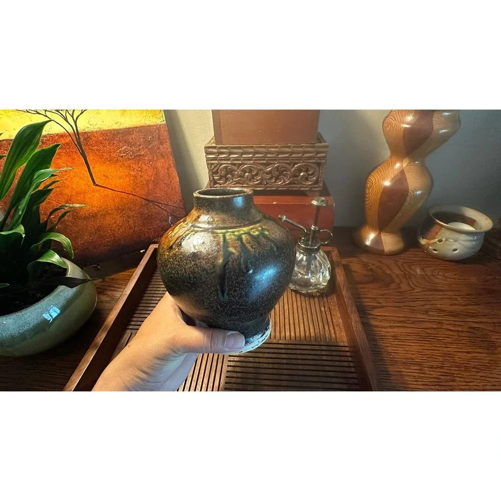 Artist Signed Rustic Speckled Pottery Vase Brown Green Studio Art 5.5